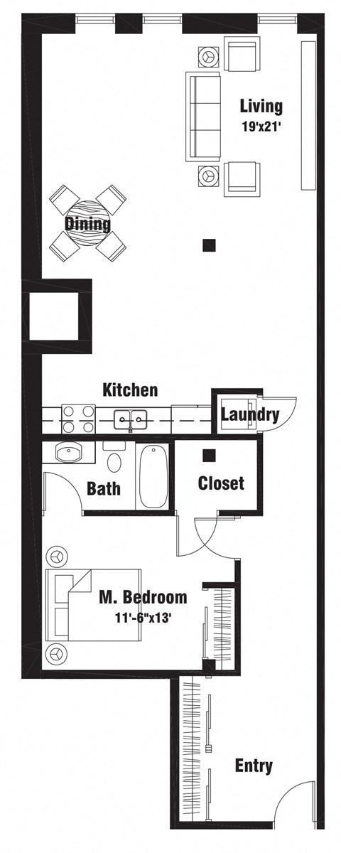 Floor plan for 1 bed, 1 bath, 1070 sqft